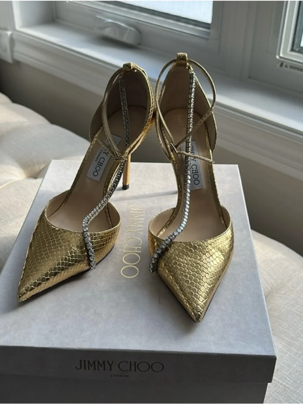 Jimmy Choo Metallic Gold Crystal-Strap Pointed Pumps - Picture 4 of 5
